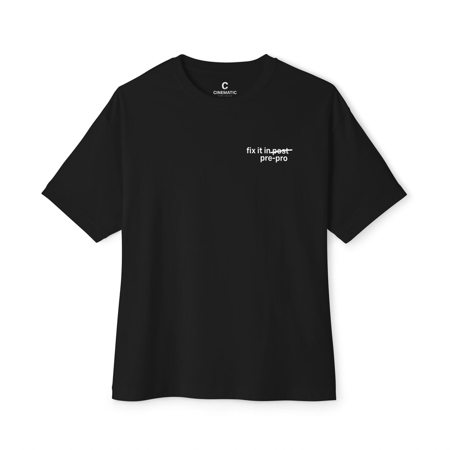 “Fix It in Pre” T-Shirt – Oversized Unisex Boxy Minimalist Style Shirt for Editors, Producers, & Film Crew